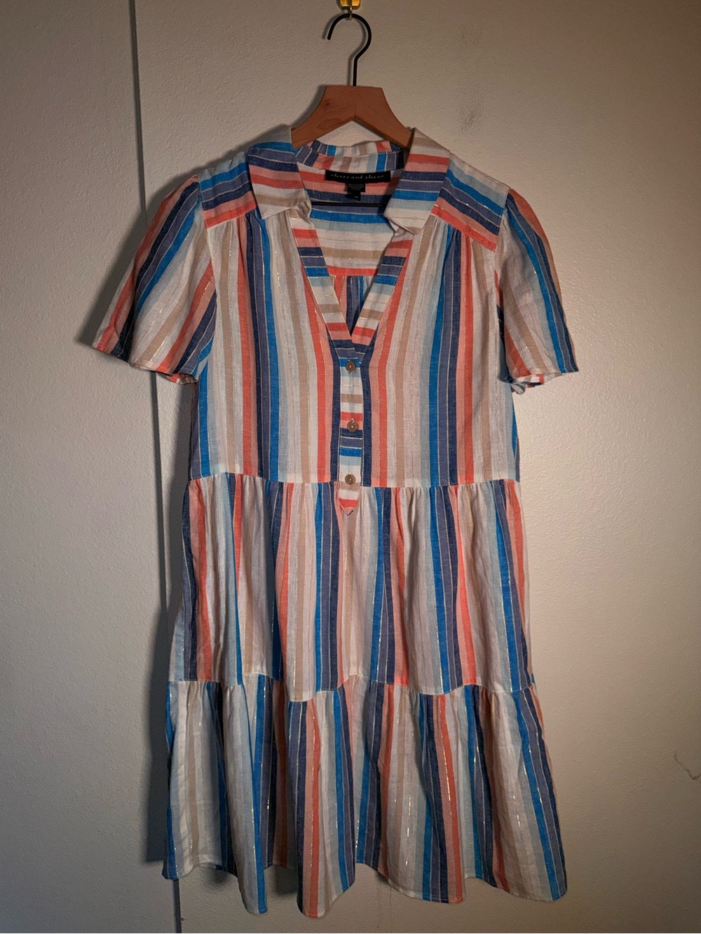 CLOVER AND SLOANE Lightweight Stripe Linen Blend Shirt Dress w Metallic thread M